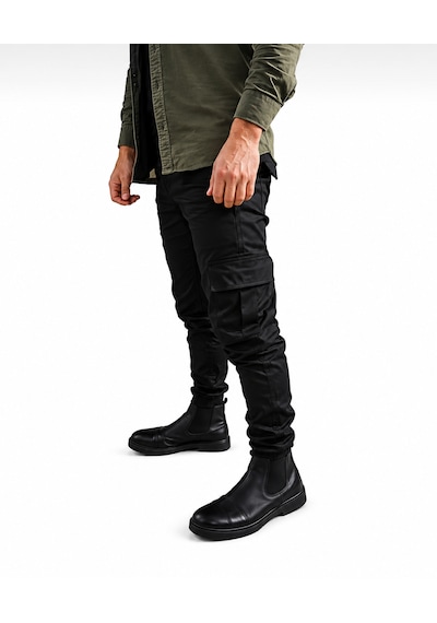 Mrmakas Erkek Kargo Pantolon Likralı Slim Fit Siyah Düz Paça