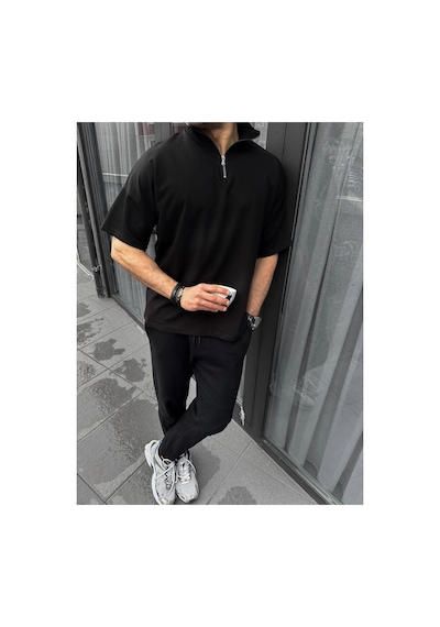 Erkek Yarım Fermuarlı Kısa Kol T-shirt - Siyah