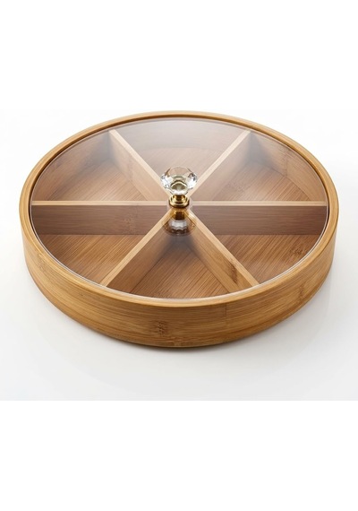Deconox 30 Cm Bambu Bölmeli Sunumluk - Kristal Kulplu Kırılmaz Şeffaf Kapaklı Çerezlik, Kahvaltılık Ve Draje Tab Diğer