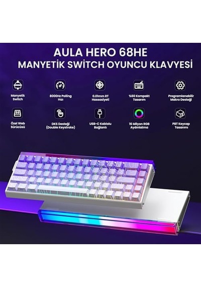 Hero 68 He Manyetik Klavye Trigger Dragon Switch 8000hz Rgb Neon Tkl Hot Swap Oyuncu Klavyesi Mor