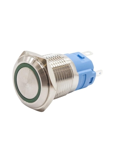 16A-P1-E 16Mm Düz Yaylı Işıklı Metal Buton - Yeşil