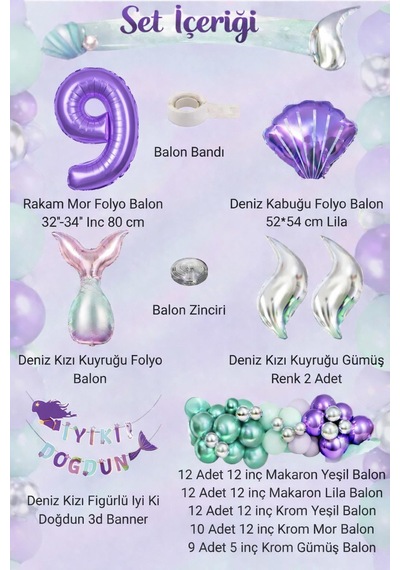 Deniz Kızı Temalı 9 Yaş Doğum Günü Balon Süsleme Seti Mor Lila Parti Dekorasyon Seti Mor