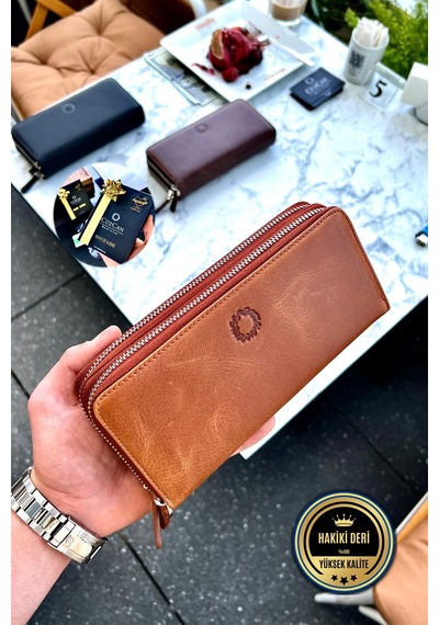 Tigan Unisex Antik Taba Çift Fermuarlı Hakiki Deri Telefon Cüzdanı El Çantası Taba