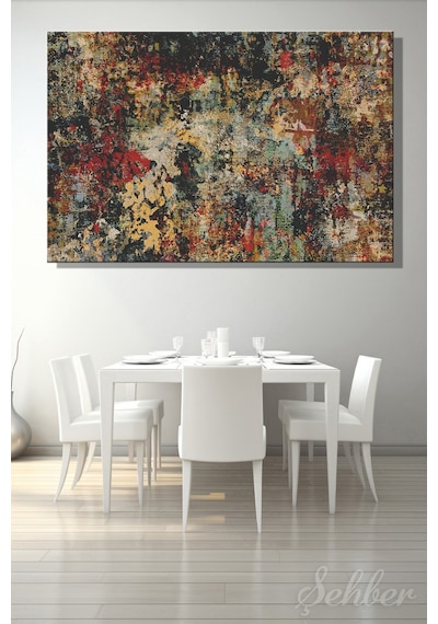 Siyah Kırmızı Sarı Tonlarda Soyut Desenlere Sahip Modern Dekoratif Yatay Kanvas Tablo 4323 Çok Renkli