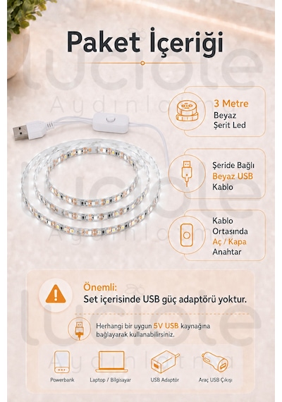 3 Metre Beyaz Usb Şerit Led 5v Aç Kapa Anahtarlı Mutfak Tv Masa Raf Powerbank Kamp Led Işık