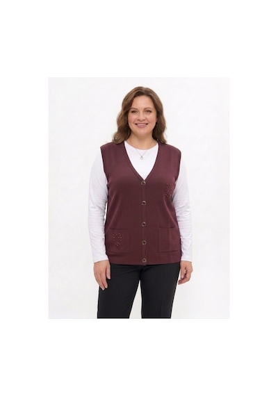 Onno Style Women Cebi Taşlı Çelik Örgü Klasik Triko Yelek Bordo