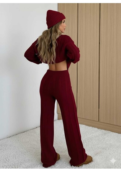 Sayzen Your Shine Saç Örgülü Kazak Pantolon Triko Takim Systkm01 Bordo