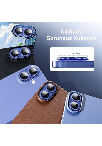 İphone 16 Ve 16 Plus İle Uyumlu Alüminyum Alaşım Çerçeveli Ve 9h Sertliğinde Temperli Camlı Lens Koruyucu Mavi, Sapphire Glass