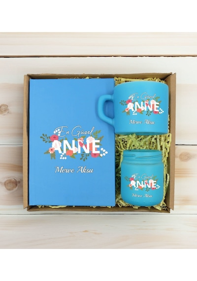 Bk Gift Kişiye Özel İsimli Dtf Anne Temalı Turkuaz Defter & Kahve Fincanı & Mum Hediye Seti-1, Anneye Hediye, Anneler Günü Hediyesi Kobitmeyencom30819