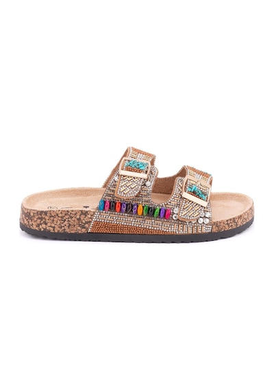 Guja 25y102-2 Kadın Mantar Taban Taşlı Çift Tokalı Comfort Terlik Camel Fuşya