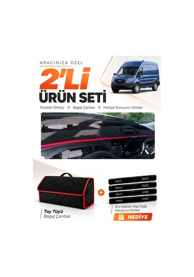 Ford Transit Tip 2 2020-2025 Uyumlu Torpido Örtüsü + Tay Tüyü Çanta + Sticker - Siyah Kırmızı