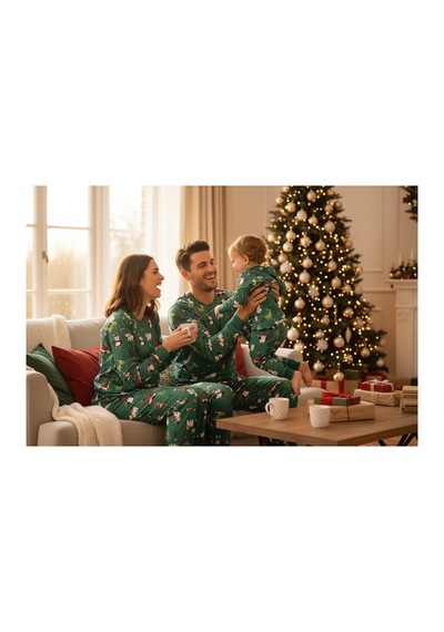 Feg Store %100 Pamuk Yeşil Uzun Kollu Yılbaşı Temalı Pijama Takımı