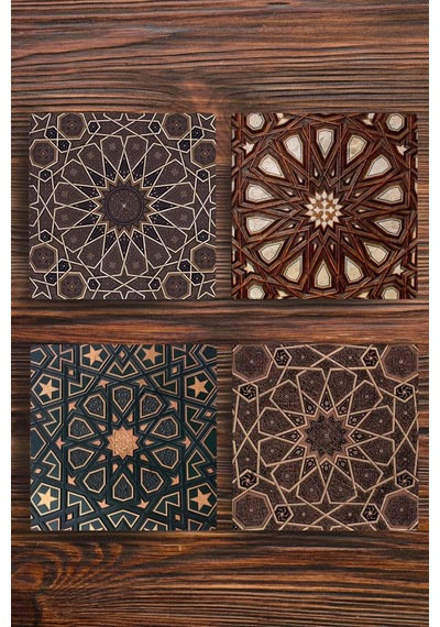 Doğal Taş Bardak Altlığı 4'lü Set - Selçuklu Desenleri Çok Renkli