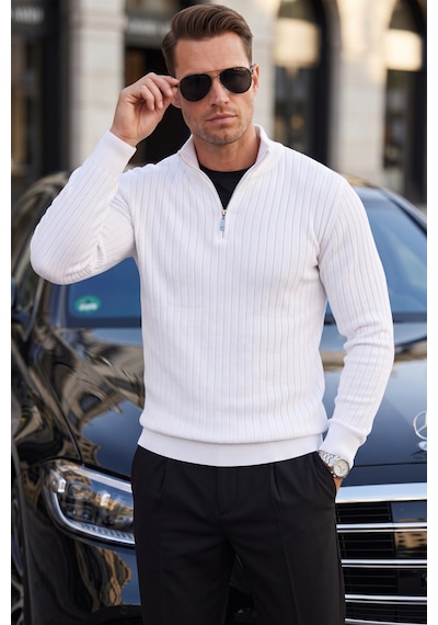 Deepsea Erkek Slim Fit Tüylenmeyen Beyaz Çizgi Dokulu Triko Kazak Fermuarlı Dik Yaka Esnek 2708504 Deepsea Erkek Slim Fit Tüylenmeyen Beyaz Çizgi Dokulu Triko Kazak Fermuarlı Dik Yaka Esnek 2708504
