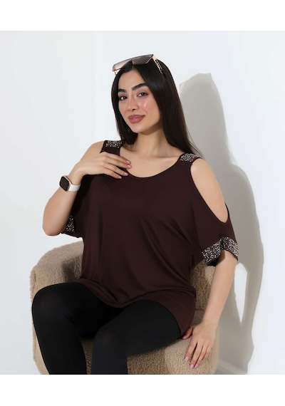 Elaxi Kadın Omuz Dekolteli Taş Detaylı Oversize Viskon Bluz Kahve