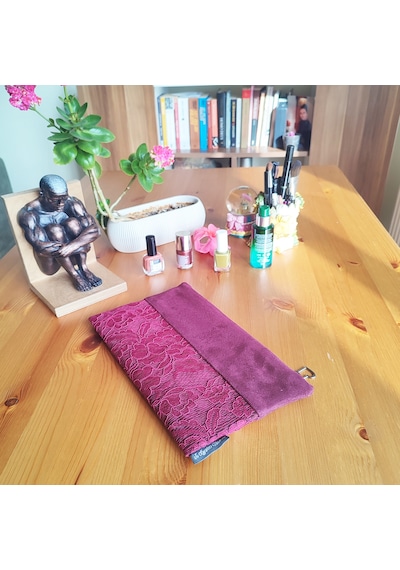 Ju Yaratıcı Tasarım Kadın Portföy & Clutch Çanta Süet Dantel Bordo