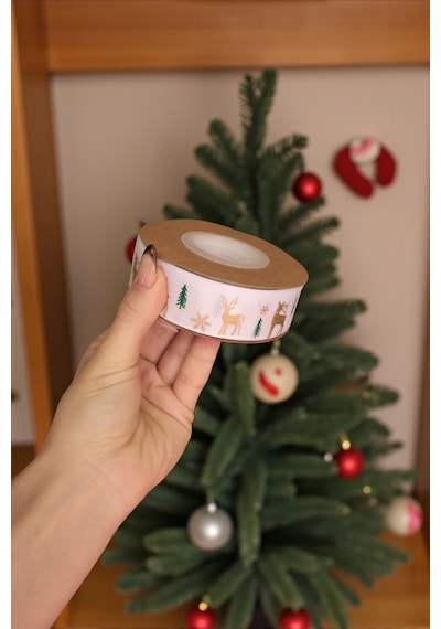 Yılbaşı Grogren Beyaz Kurdele Geyik Desenli Hediye Paketleme, H Karışık