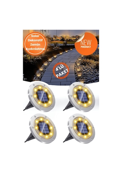 Technojet 4adet Solar Ultra Parlak Smd 8led Kazıklı Çim Zemin Bahçe Aydınlatma Güneş Enerjili Sarı Sarı