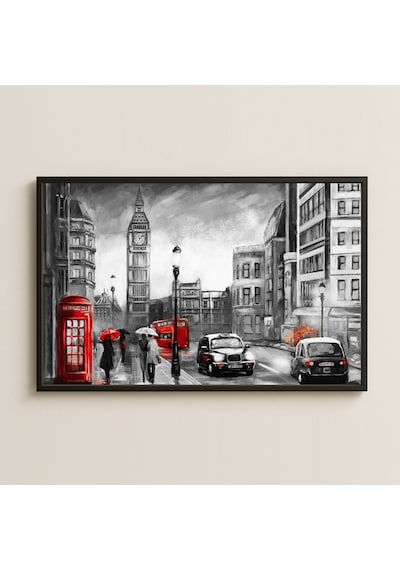 Londra Şehir Yağmuru Temalı Kırmızı Detaylı Pleksi Tablo
