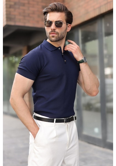 Madmext Lacivert Çıt Kapamalı Polo Yaka Triko Erkek Tişört E7493