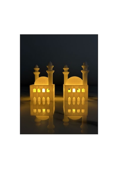 Ramazan Cami Figürlü Biblo İkili Set Işıklı Pilli Mumluk Ev Aksesuarı Beyaz