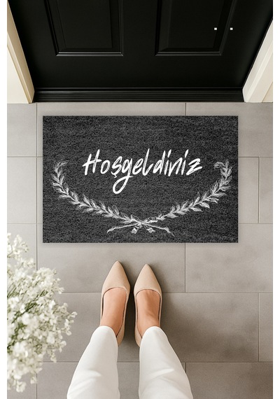 Dormot 1modern Dijital Baskı - Popüler Füme Hoşgeldiniz Karşılama Paspas - Kapı Önü Paspas 70x45 Siyah