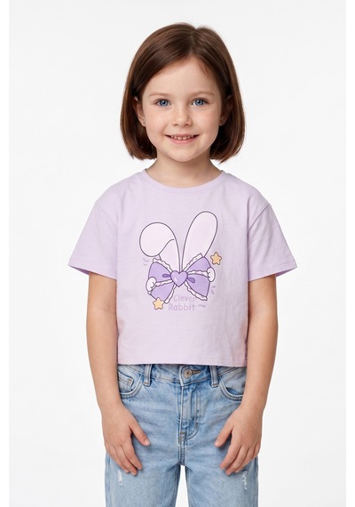 Fullamoda Fiyonk Baskılı Crop Kız Çocuk Tişört Lila