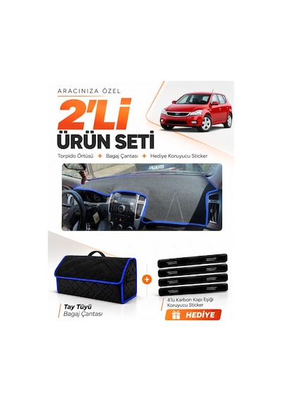 Kia Ceed 2006-2012 Uyumlu Torpido Örtüsü + Tay Tüyü Bagaj Çantası + Sticker Seti - Siyah Mavi