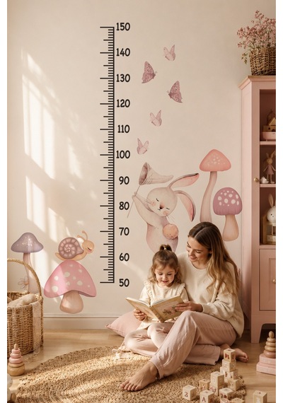Sevimli Tavşan Boy Ölçer Duvar Sticker Seti 29 Parça Çocuk Odası Boy Cetveli Pastel Pembe Tavşan Dijital Baskı