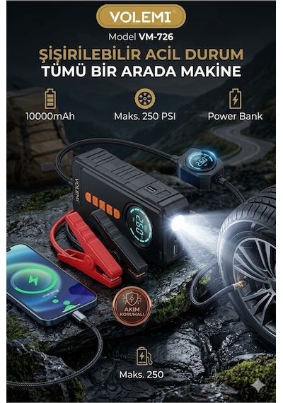 Volemi Vm-726 4'ü 1 Arada Taşınabilir Şarjlı Akü Takviye Cihazı Ve Lastik Şişirme Pompası 10000mah Powerba