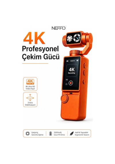 4k Hd Taşınabilir Vlog Spor Ve Aksiyon Kamerası 2.0" Döndürülebilir Ips Ekran Gimbal Kamera Turuncu