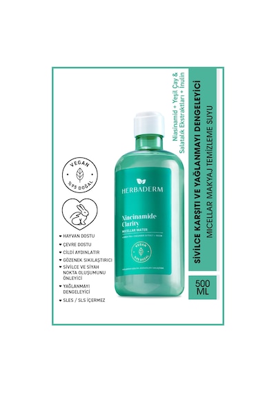 Herbaderm Niacinamide Clarity Sivilce Karşıtı Ve Yağlanmayı Dengeleyici Micellar Makyaj Temizleme Suyu 500 ML