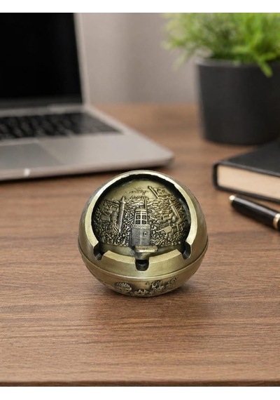 Kapaklı Metal Küllük Açılır Kapanır Dekoratif Masa Üstü Küllük Vintage Sarı 7.5 Cm