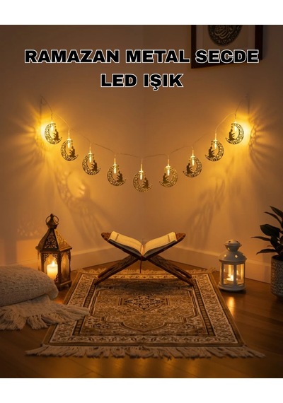 Ay Ve Secde Tasarımlı Sıcak Beyaz Led Ramazan Işığı Altın Sarısı