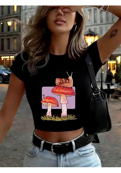 Tarzsokak Salyangoz Mantar Baskı Bayan Babby Teet-shirt Yaz Yumuşak Yüksek Elastik Üstler O-boyun Kısa Koll Siyah