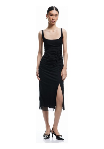 Koton Astarlı Drape Detaylı Slim Fit Kare Yaka Askılı Midi Elbise Siyah 5sak80055ek Siyah