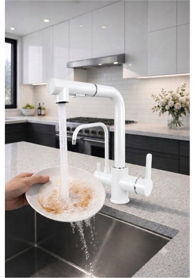 Rena Design Beyaz Aritmali Spiralli 2 Modlu Başlik L Boru Mutfak Evye Bataryasi Prinç Armatür Musluk