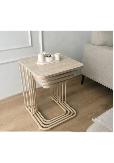 4'lü Tekerlekli Zigon Sehpa Krem Ayak Traverten 18mm Mdf Krem Traverten