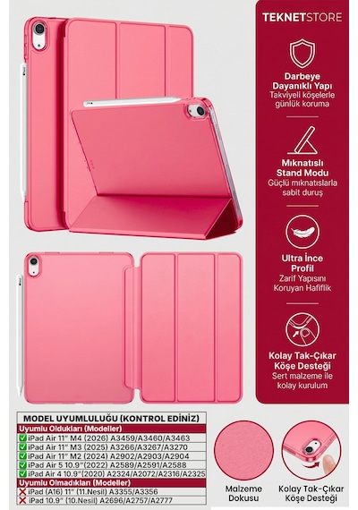 İpad Air 11" M4 M3 M2 Uyumlu Kılıf Ultra İnce Standlı Akıllı Uyku Modlu Zarif Koruyucu Kapak Kapaklı Kılıf