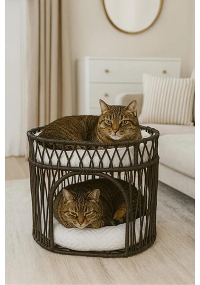 Reyo Tasaryum Çift Katlı Kedi Yatağı Ve Kedi Evi , Minderli İskandinav Tasarım Kedi Evi, Örgü Gövdeli Kedi Yuvası Antrasit