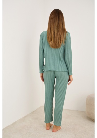 Siyah İnci Fitilli Kaşkorse Uzun Kollu Pijama Takım 7937 Yeşil