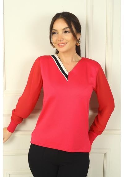 By Saygı Kadın V Yaka Yarısı Şeritli Kolları Şifon Kazak-39637 Fuşya