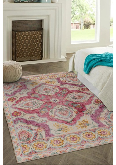 Foldy Vintage Desenli Dokuma Taban Dekoratif Pembe Halı Fl 36
