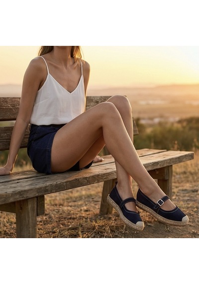 Futsishoes Coral Lacivert Hakiki Deri Toka Detaylı Kadın Espadril Ayakkabı