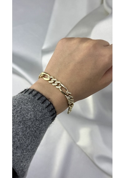 Taşlı Zigzag Model Altın Bileklik Sarı Altın