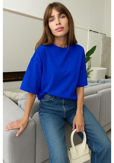 Düz Oversize Unisex Tişört Yb5 Mavi