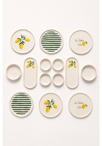 Amalfi 14 Parça 6 Kişilik Seramik Stackable Kahvaltı Takımı Limon Desenli Ayaklı Sunumluklu Sofra Seti Beyaz