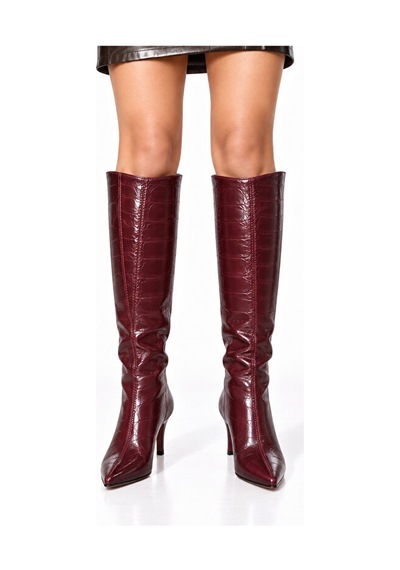 Dad Wolf Kroko Desenli Rugan Görünümlü Sivri Burun İnce Topuklu Diz Altı Salaş Dökümlü Rahat Çekme Çizme Bordo