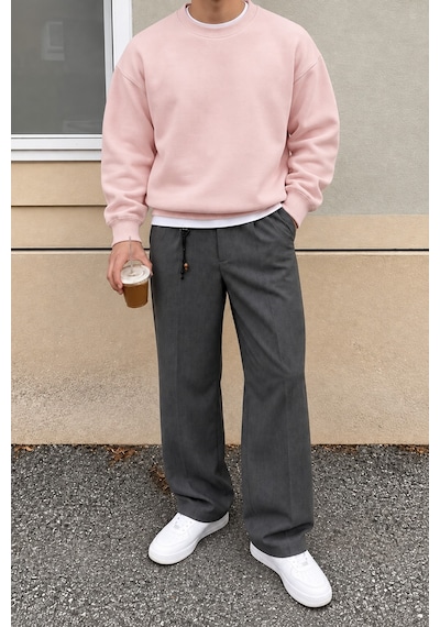 Tarz Cool Erkek 3 İplik Şardonlu Regular Fit Bisiklet Yaka Basic Sweatshirt Pembe