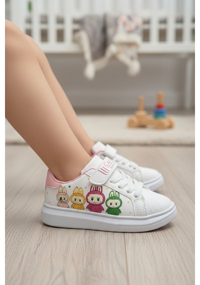 Enoch Sevimli Karakter Baskılı Cırt Cırtlı Çocuk Sneaker Beyaz - Pembe